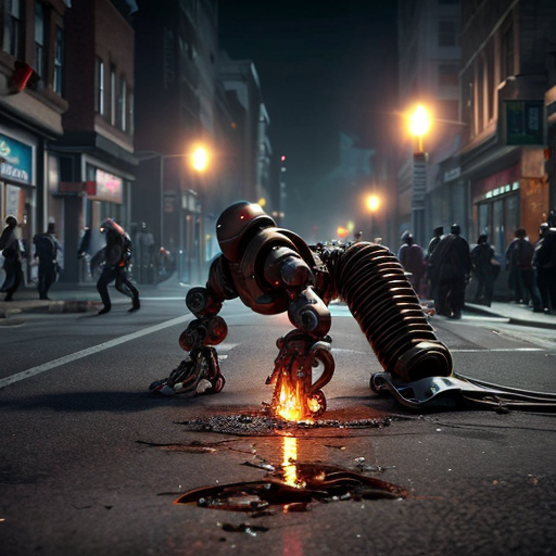 a rain-slicked city street at night, neon signs flickering through the haze as twisted biomechanical abominations shamble between overturned cars and shattered storefronts. These grotesque humanoid hybrids fuse pulsating organic tissue with rusted plating, their exposed muscle fibers writhing around hydraulic pistons, dripping blackened oil and viscera onto the cracked asphalt. Hazmat-suited figures scramble in the background, their glowing containment units casting an eerie green light on a bisected robot corpse—its still-twitching upper half dragging itself forward using torn intestinal cords as grappling hooks. Half-melted faces stretch across metal skull frames, jaws unhinging vertically to release guttural steam hisses as they clutch eviscerated human torsos like gruesome shopping bags. A towering construct with six spinal columns fused into a centipede-like tail crushes a streetlight underfoot, its dozen mismatched eyes reflecting the distant explosion ripping through the quarantine zone's barricades