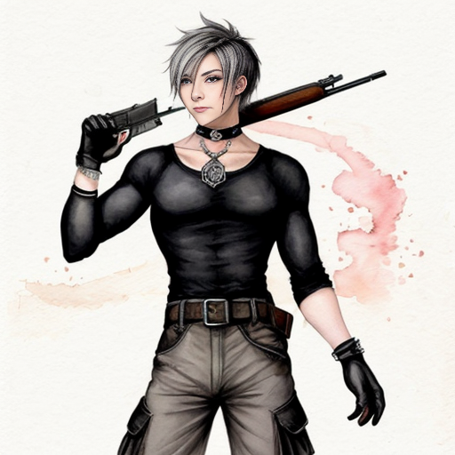 an anime boy, grayish short spikyish hair (but not too short) a red
left eye, with a scar, right eye is white, white skin (like a cloud) a choker,
skintight turtleneck that covers his hands like gloves, grayish black big
cargo pants with Keychains, black combat boots, some belts, and two guns
on each side of his waist,  make him feminine and really skinny
