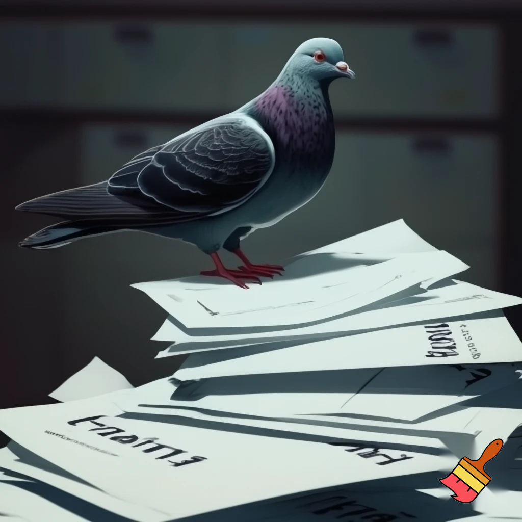 A pigeon on top of a pile of papers with the words "Income Tax" written on them