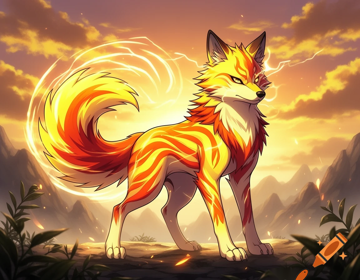 pokemon digimon tails prower mix styles wolf yellow orange and red patterns 