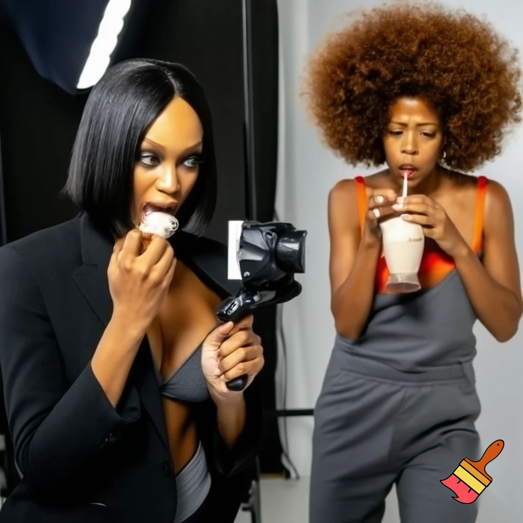 Tyra Banks and Kelis filming a commercial on the image Tyra Banks has a black sleek middle part bob hair wearing a black suit and a grey bra eating ice cream and Kelis has a brown voluminous curly brown hair Afro wearing a grey jumpsuit and a orange camisole drinking milkshake 