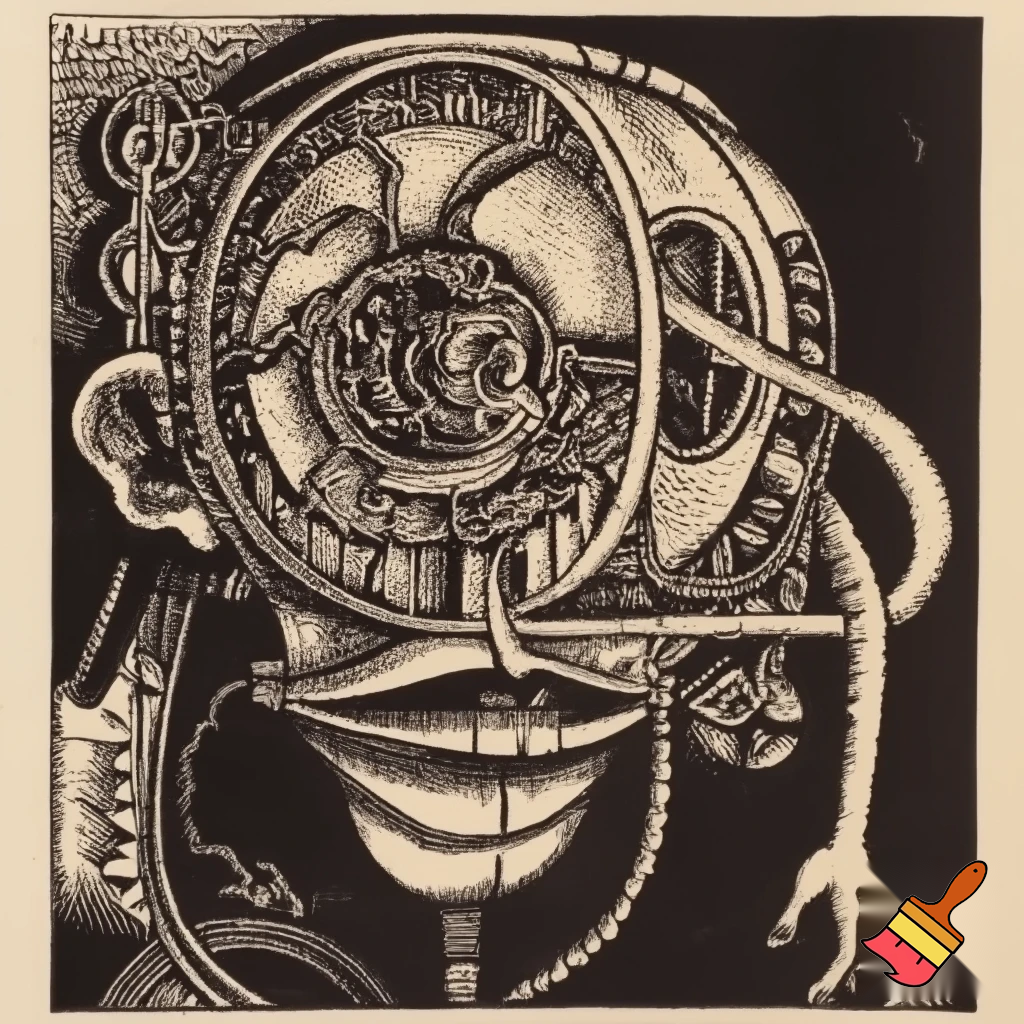 Bio-mechanical post-human noise art. In the style of a 1920's German Expressionist woodcut print. Black & white.