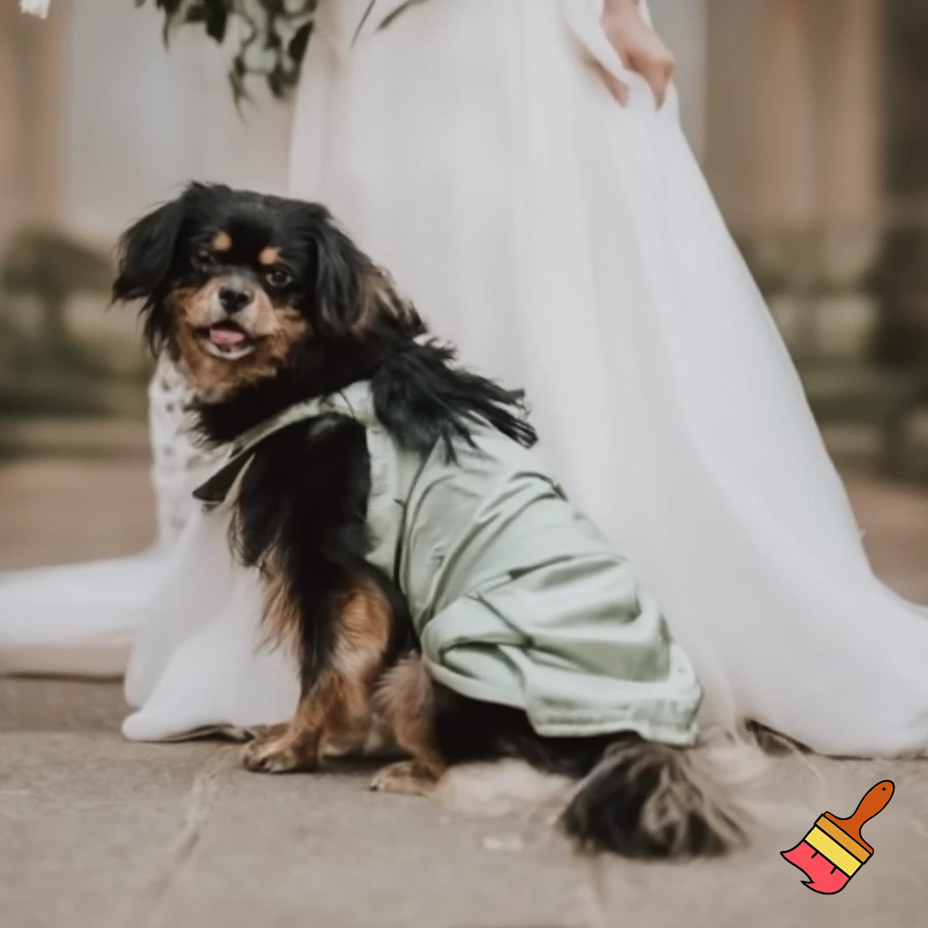 
a dog steals the bride's dress at the wedding
