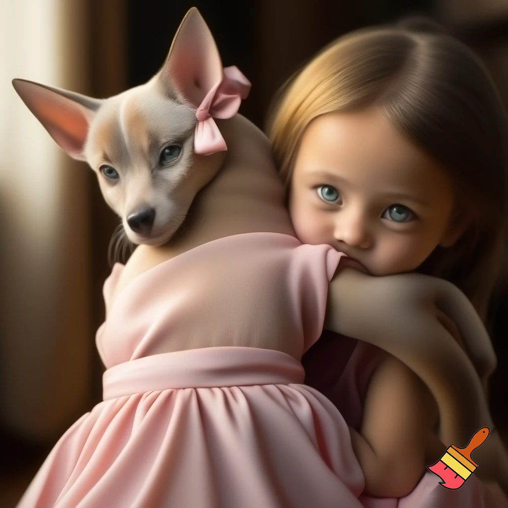 a dog with a cat tail, pink dress and a bow and a little girl hugging it
