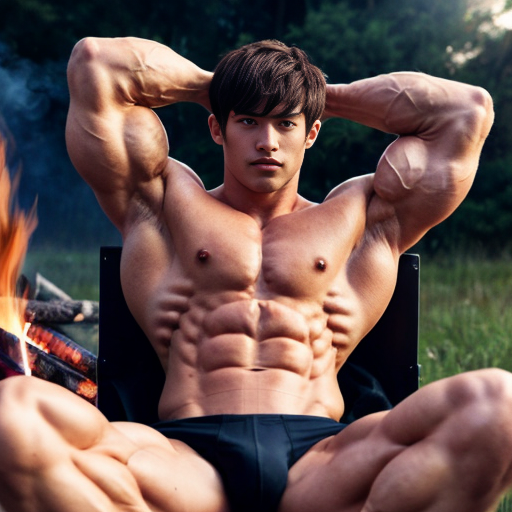 An Anime knight sitting next to a campfire with all of his cloths except his underwear off and he has abs and muscles and is flexing his muscles to the camera 