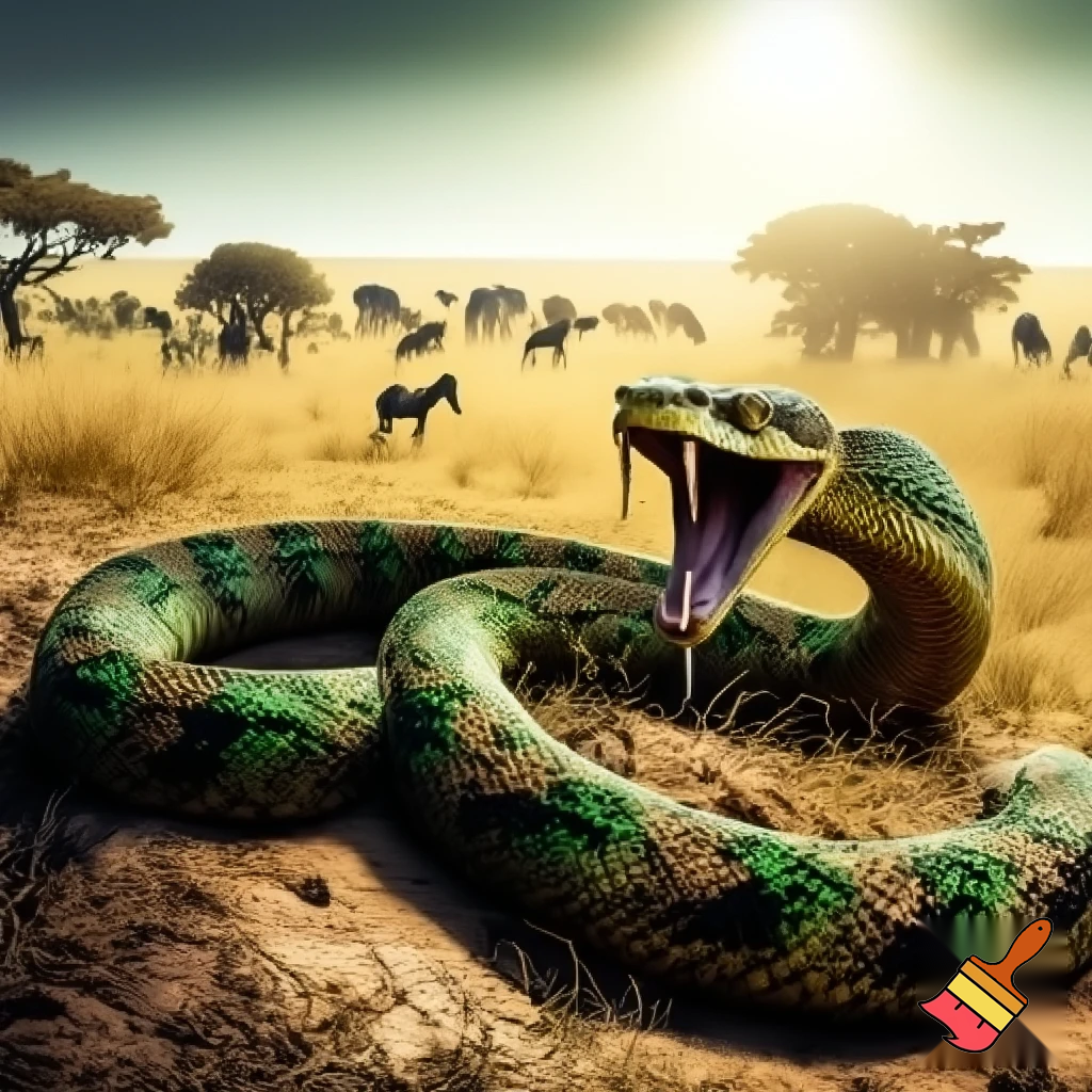draw a group of animals together in the african jungle but a snake with fangs by itself