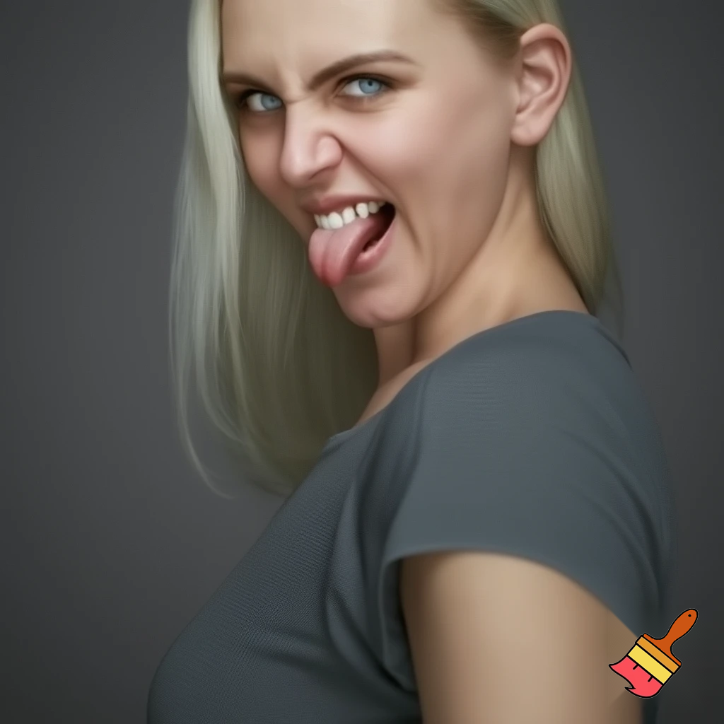 Blond 22 year old woman with blue eyes and tongue out