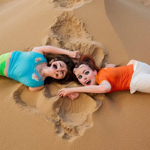 The powerpuff girls bubbles buried up to her neck in sand packed in tight by blossom and buttercup