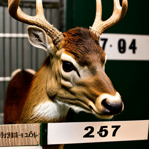 prisoner deer with angry face, scars and holding number board
