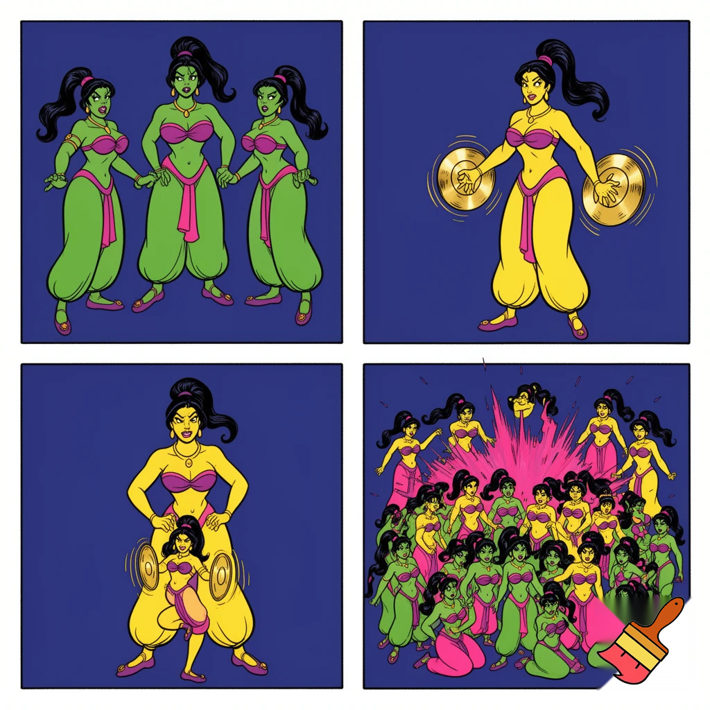 90's disney's 2d aladdin style comic dark blue background and panels of panel 1the three black haired ponytail women with big breast and hips green skin,green harem pants pink bra and pink sash and pink curved slippers,  humiliate the black haired ponytail woman with yellow skin,yellow harem pants purple bra and purple sash and purple curved slippers by the new looks of the three black haired ponytail woman with big breast and hips with green skin,green harem pants pink bra and pink sash and pink curved slippers. 
Panel 2 Then the curvy figure black haired ponytail woman with yellow skin,yellow harem pants purple bra and purple sash and purple curved slippers gets angrier and grows into a giantess curvy figure black haired ponytail woman with yellow skin,yellow harem pants purple bra and purple sash and purple curved slippers and grows a pair of cymbals from her hands. 
Panel 3 then the giant curvy figure black haired ponytail woman with yellow skin,yellow harem pants purple bra and purple sash and purple curved slippers then smashes the three ponytail black haired women with green skin,green harem pants,pink bra and pink sash and pink curved slippers between a pair of cymbals. 
Panel 4 This causes the three black haired ponytail barefoot women with green skin,green harem pants, pink bra and pink sash and pink curved slippers to multiply again and this time becoming a mass of  black haired ponytail women with green skin green harem pants pink bra and pink Sash and pink curved slippers marches under the giantess black haired ponytail woman with yellow skin,yellow harem pants purple bra and purple sash and purple curved slippers