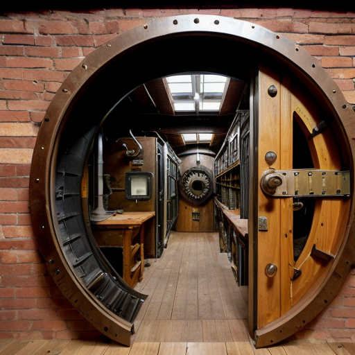  On the outside, the cabin is made of bricks and has a row of smokestacks on the top, making it look like a miniature factory. The door is bronze, thick, and circular, like a vault door, and opens with lots of steam and gears clunking.
