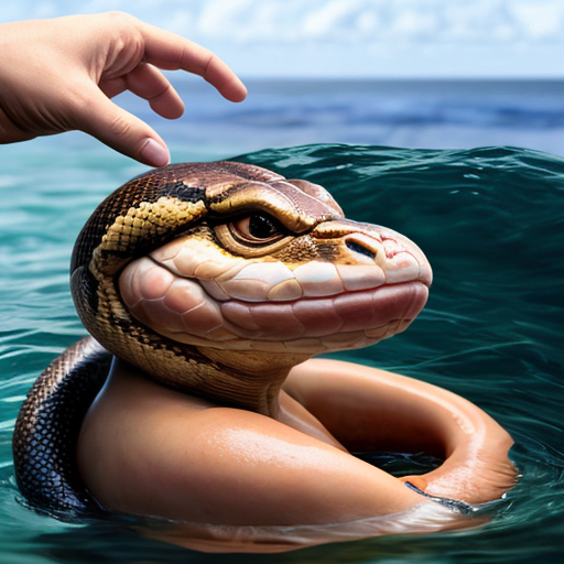 
fat snake with human head in the ocean eating KFC