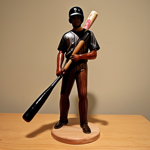 he is a smooth polished wood figure with a baseball bat and does not smile  