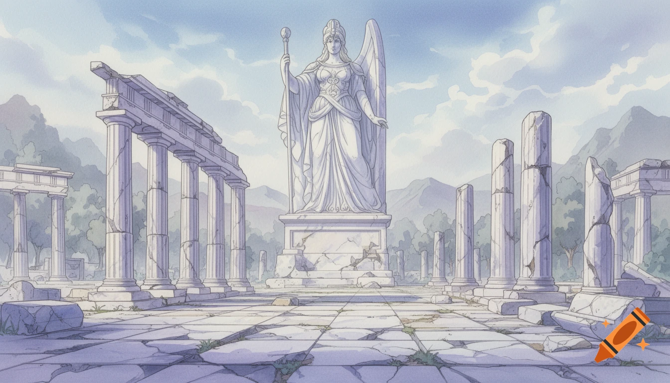 Ancient greek ruins landscape, including the ruins of some temples and some isolated doric columns, and a gigantic Athena marble statue in the center of the background. Floor must be made of deteriorated marble tiles. The scene must take place during daytime, with diffuse illumination. The art style must resemble water-color japanese animation backgrounds, commonly seen in 80s cartoons like Saint Seiya. The generated image must be a general camera plane of the place.