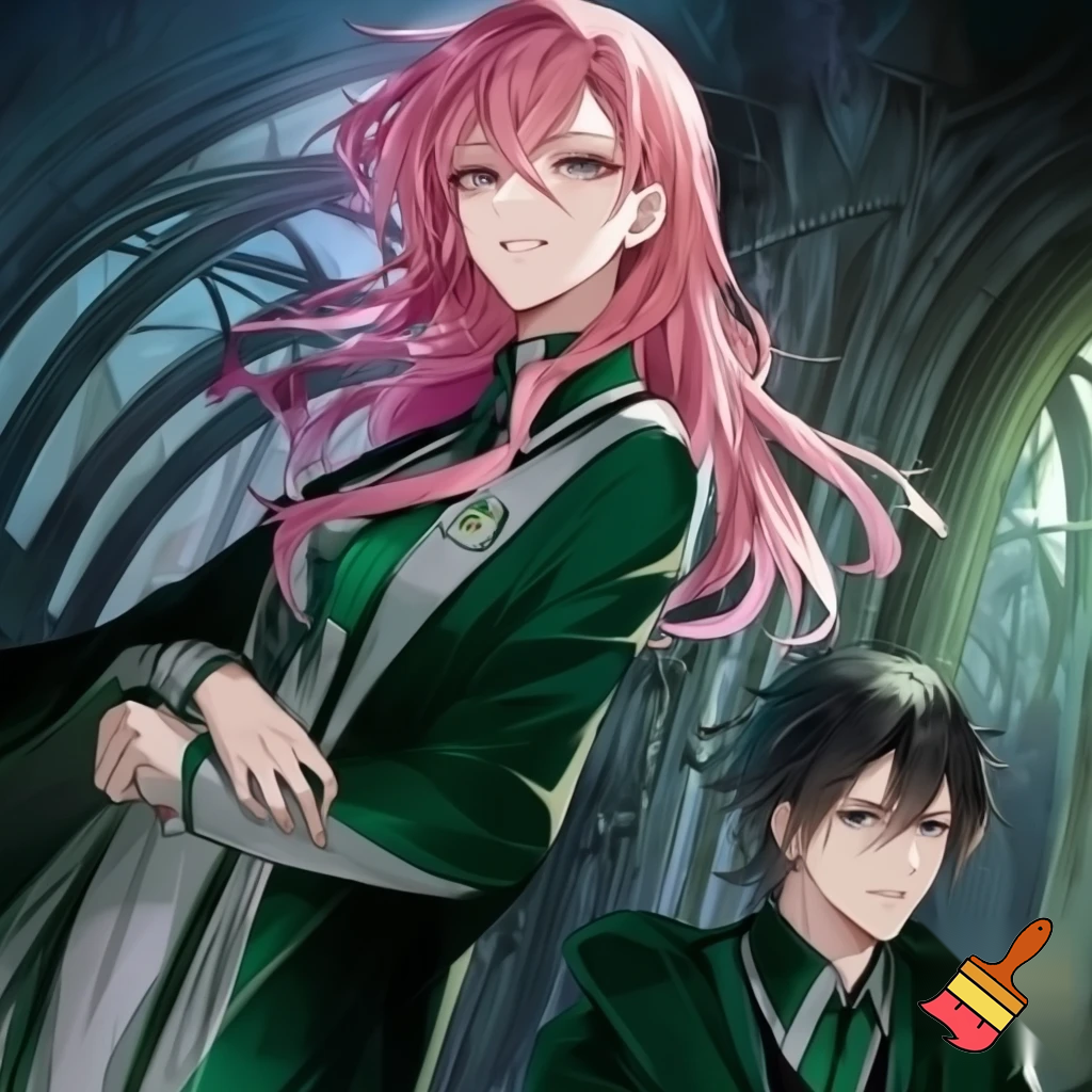 a anime girl, long pink hair, with a slytherin outfit. With Draco malfoy. Two people, hogwarts background 