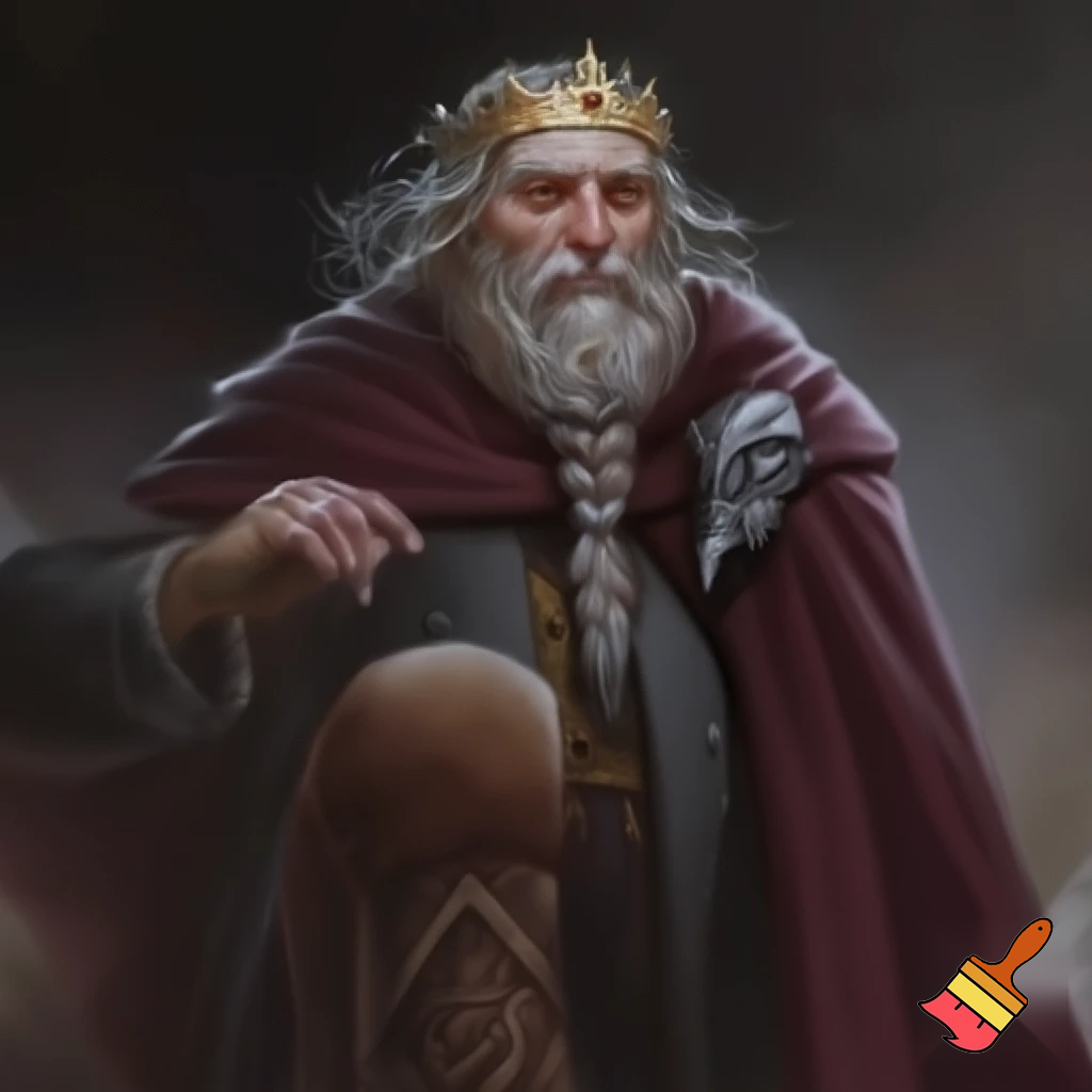 Сгенерируй изображение в стиле фентези, высокая детализация, атмосферно, мрачное освещение: немного пожилой мужчина со светлыми волосами и ухоженной бородой, заплетённой в небольшую косичку. Поверх рубахи с золотой обережной вышивкой на нём был длинный кафтан цвета хвойной чащи, отороченный тёмным мехом соболя. На правом плече массивная серебряная фибула в виде свирепого ворона держала тяжёлый бордовый плащ. На ногах его были высокие кожаные сапоги, украшенные затейливыми узорами. Голову незнакомца венчал золотой венец с инкрустированными в нём драгоценными камнями.