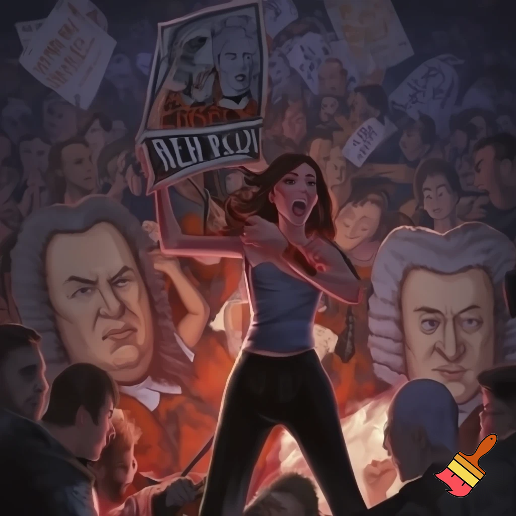 woman protesting violins with counter protesters being bach and motzart and there is people with signs fighting in the background smashing violins 