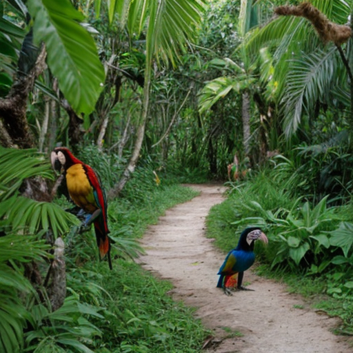 “Macaws, monkeys, lush plants surrounding 
on a forest path.”