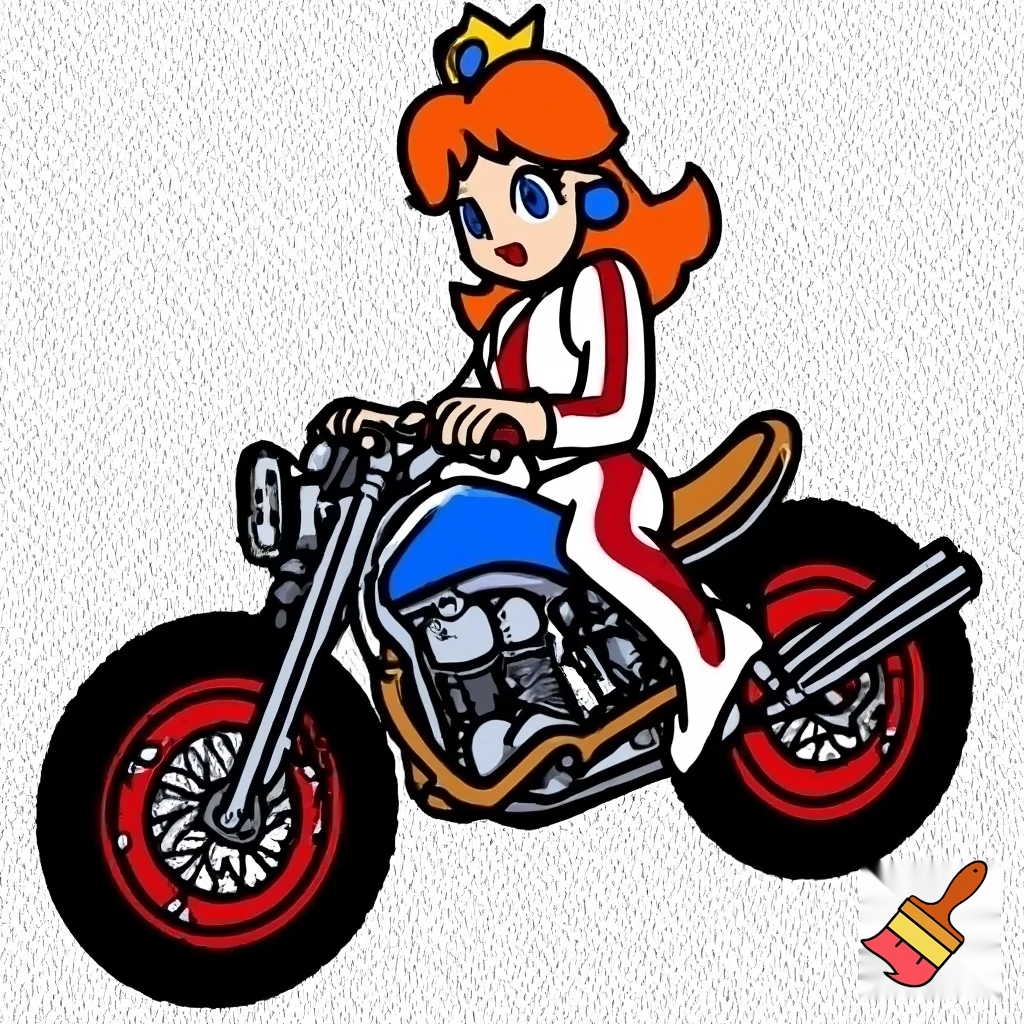 princess daisy riding a motorcycle wearing a racing jump suit in classic line art style with full color