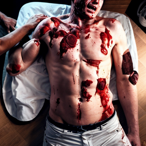A corpse shirtless man, died, face are hiding by shirt, eye closed, chest fully opened wounded, blood everywhere.