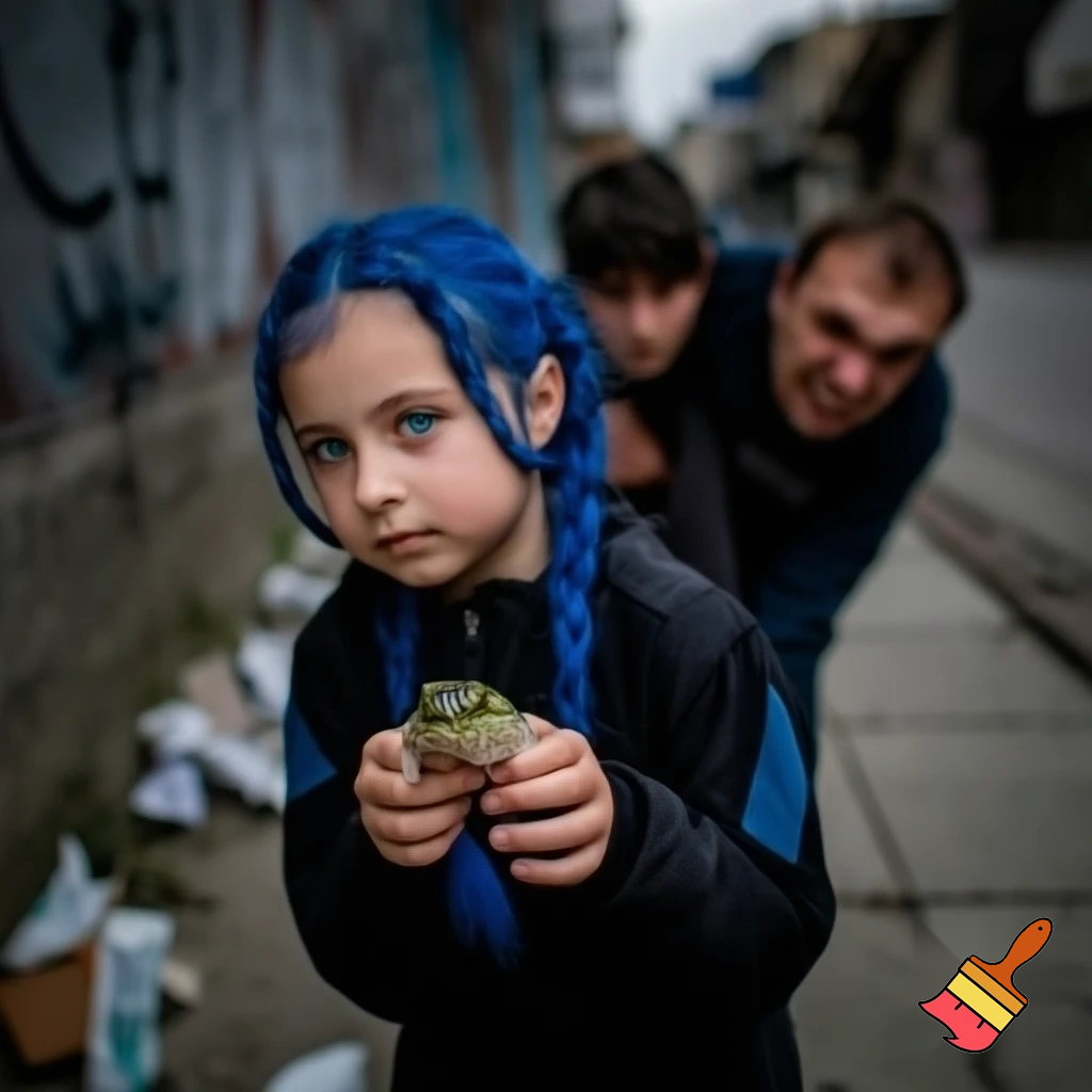 girl with blue braid and has a black jacket with blue eyes holding a frog the girl in the blue hair got pushed by bulliys