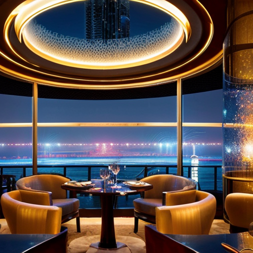 تصميم ثلاثي الأبعاد لفندق فخم جدًا باسم "برج الخليج العربي" في المنطقة الشرقية بالمملكة العربية السعودية، برج شاهق وعريض مع شكل معماري مهيب، واجهة زجاجية عصرية مع لمسات ذهبية، إضاءة ليلية ساحرة ومبهرة، انعكاس البحر على الزجاج، حدائق ومسطحات مائية تحيط بالبرج، حوله فعاليات فاخرة: حفلات موسيقية على الواجهة البحرية، عروض ألعاب نارية، مقاهي ومطاعم راقية، ضيوف يرتدون ملابس أنيقة، أجواء فخمة وملفتة للانتباه، Photorealistic, ultra-detailed, cinematic lighting, lively, majestic architecture.