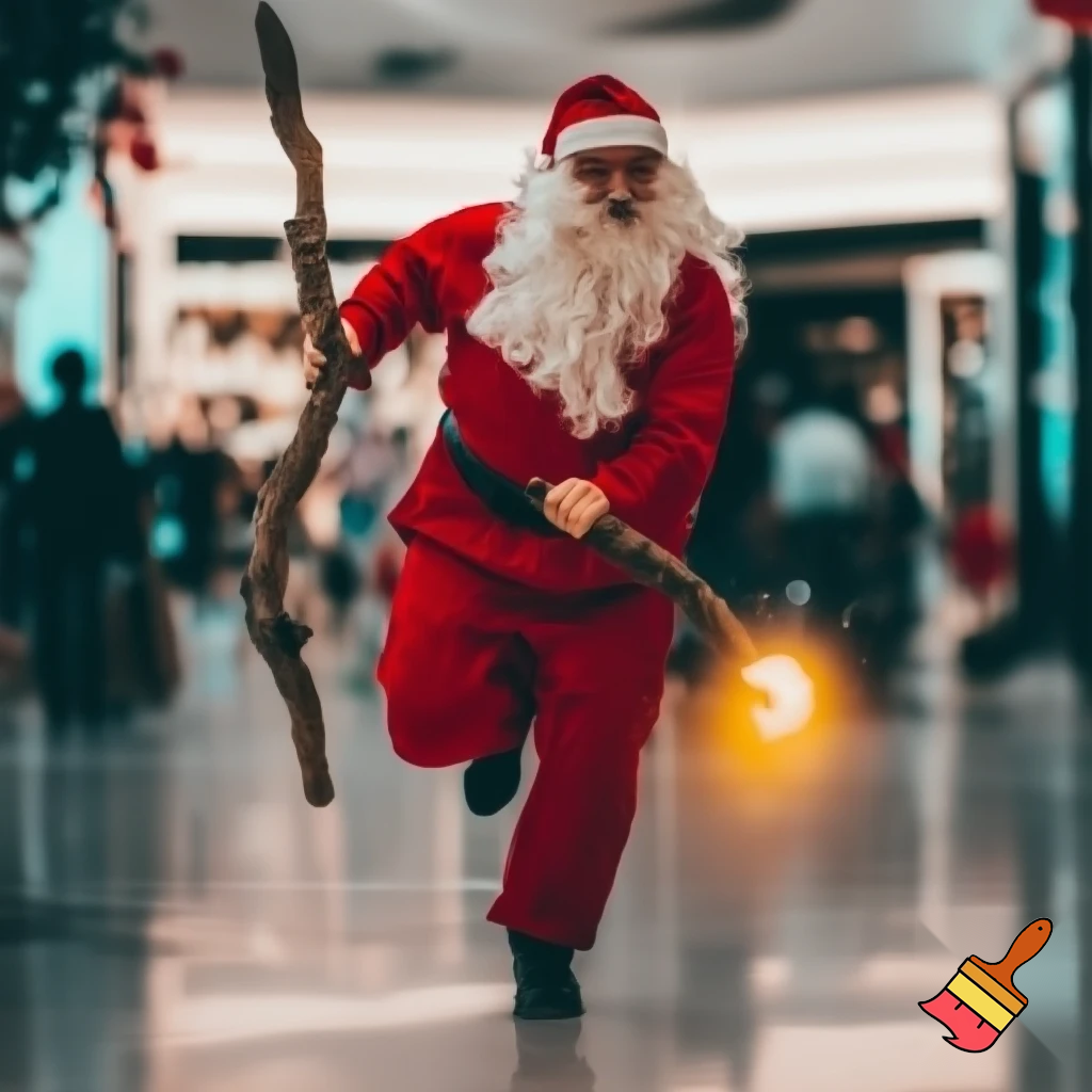 Santa Claus running with the walking stick running with his magic walking stick walking in the shopping centre with the walking stick magic staff walking stick