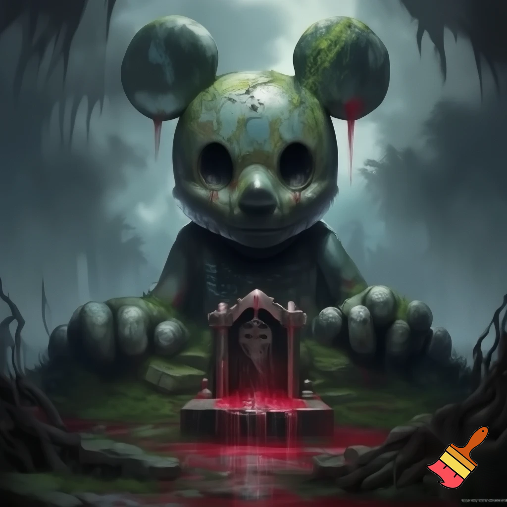 Ancient stone idol of Mickey Mouse with blood sacrifice