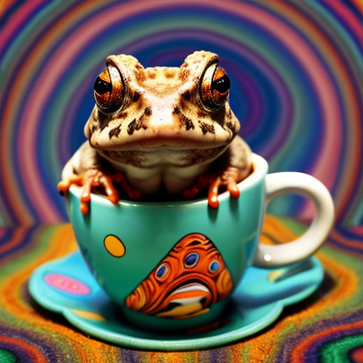 A hillarious, funny boho toad with some hippie colored coffee cups. Psychedelic decorated background, hyperrealistic. Close-up view.