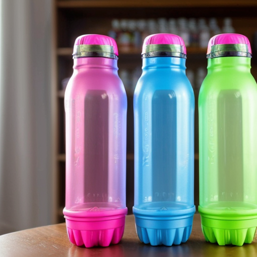an energy drink bottle for boosterade  the plastic see through bottle is blue yellow and pink 
