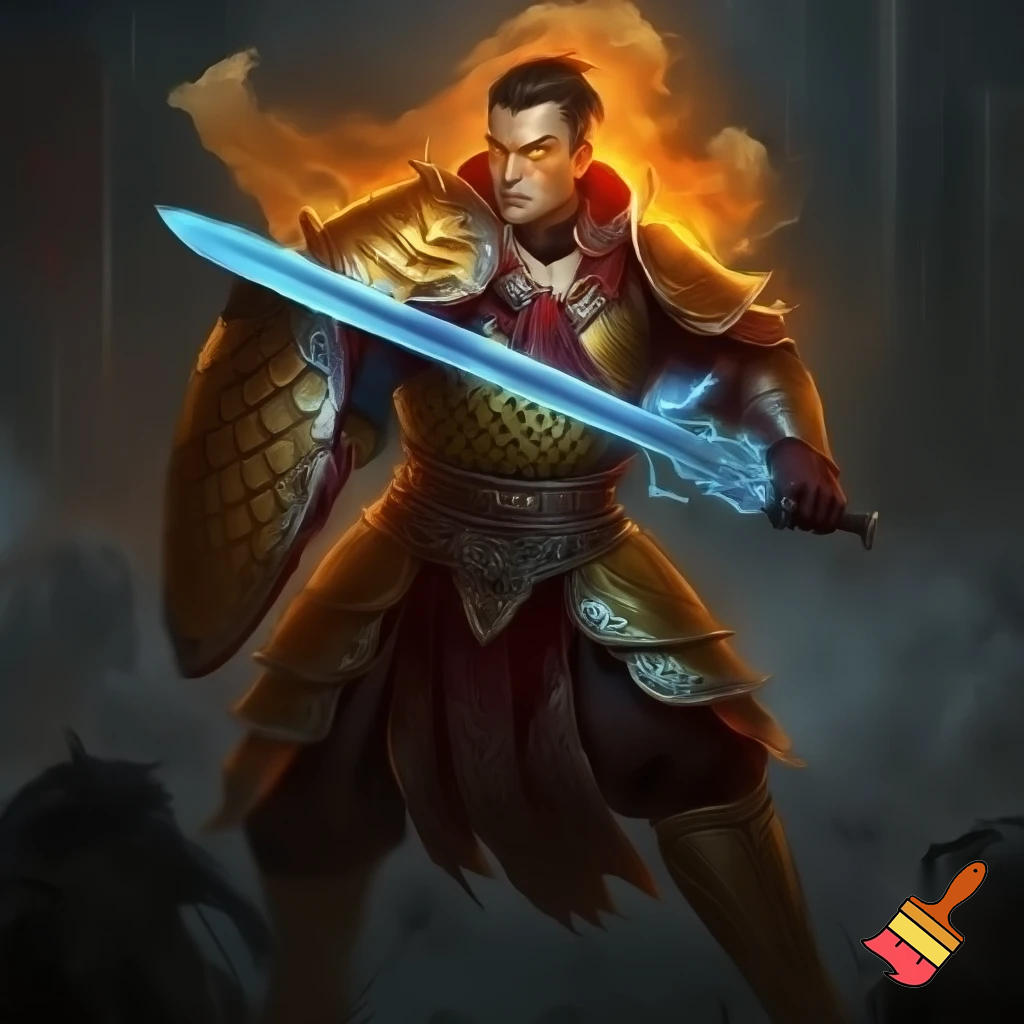 Golden orange paladin. Chinese style armor. Dynamic stance. Glowing blue sword. High quality. In the style of dungeons and dragons.