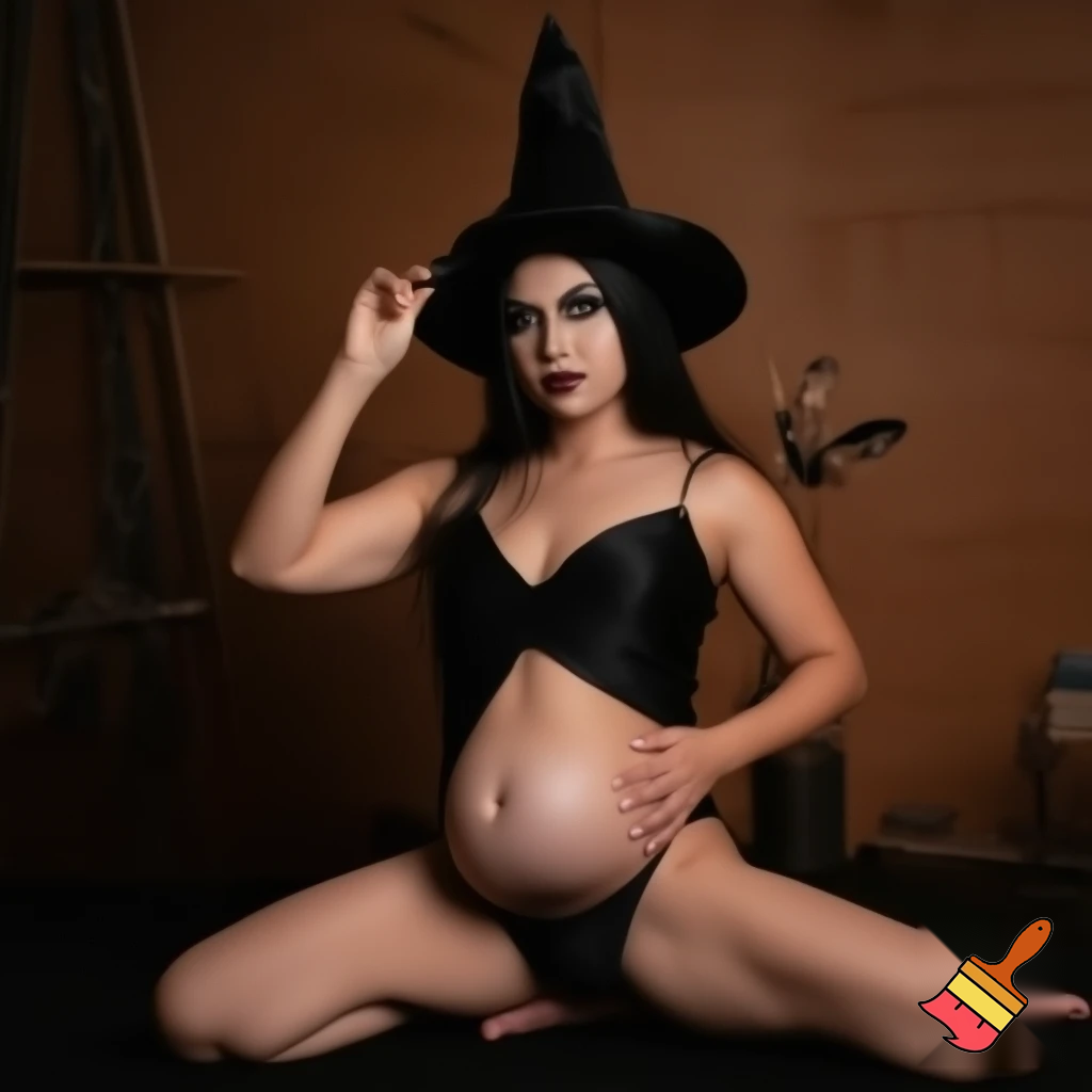beautiful woman witch outfit, large breasts, kneeling spreading legs barefoot, navel, large thighs, large nipples