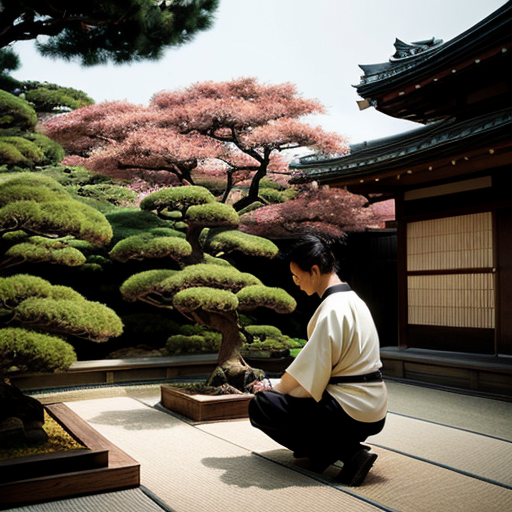 Wide-angle artistic illustration blending traditional Japanese realism with a dreamlike atmosphere. Edo-period Shogunate setting. In the foreground, a beautifully manicured Zen garden with lush flowers and bonsai trees. A well-dressed, serene man is kneeling, carefully tending to the plants. The garden is enclosed by a unique, high wall made of thick, transparent glass blocks. Outside the glass wall, only a few curious townspeople, perhaps three or four, are watching him; their distinct faces show expressions of wonder and surprise, visible through the glass. Bright morning light, soft shadows, vibrant colors, intricate details, cinematic composition.