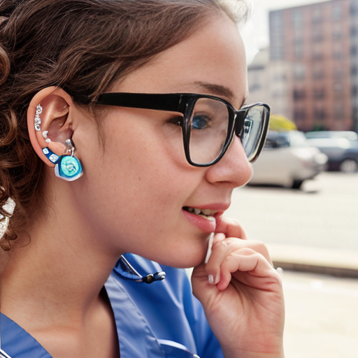 Cute adorable niña Chilindrina y con enfermera glasses con hair lazo curly con verano casual formal elegante sensual sexy con aparatos auditivos audífonos sordera con close up whispering touching ear each other secrets con paséo con ciudad 8