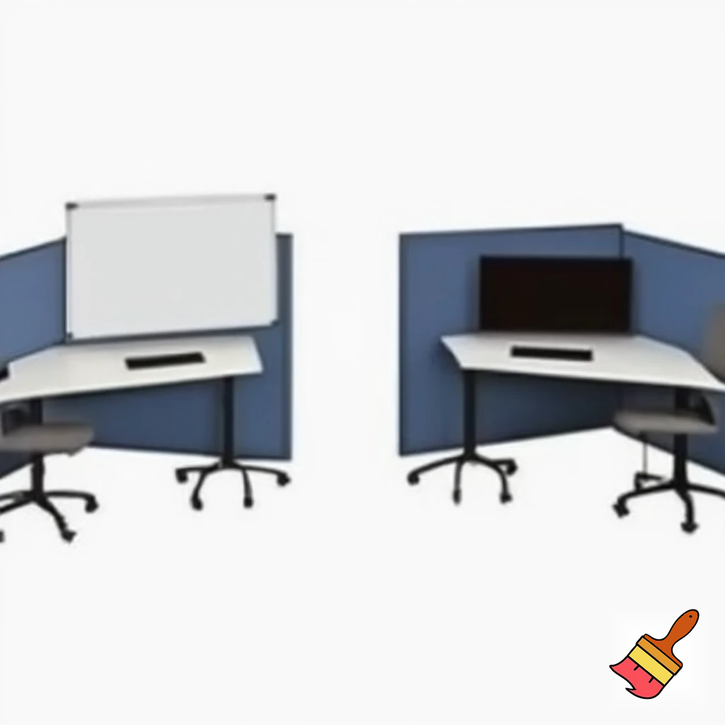 to arbejdsstationer , som består af 2 vægge 1,5 m høje, som står overfor hinanden ( på den ene - er whiteboard, på den anden - en skærm), med et klapbord på  hver væg (under whightboardet og skærmen), 2 stole på begge sider af hvert klapbord. Der er ikke væg imellem stationerne. Der skal være plads og stole til 4 personer