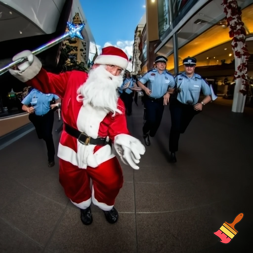Santa Claus dancing shopping Centre walking Australian magic walking stick walking stick star running outside of the shopping centre on the Christmas tree  policeman are running