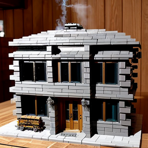  Make a cabin that can be described like this On the outside, the cabin is made of bricks and has a row of smokestacks on the top, making it look like a miniature factory. The door is bronze, thick, and circular, like a vault door, and opens with lots of steam and gears clunking.