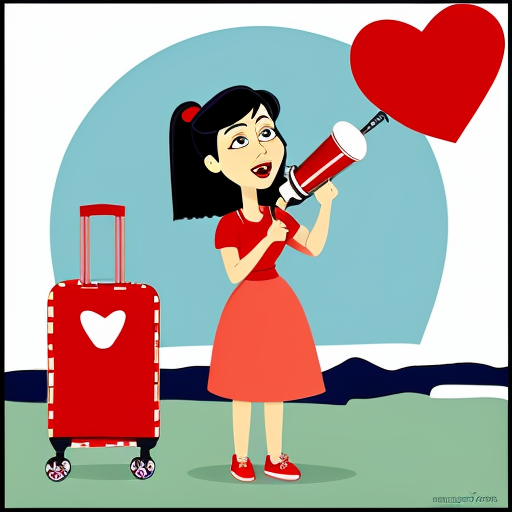 caricatura animada mujer con maleta llena de recuerdos , megafono y un corazon floreciendo