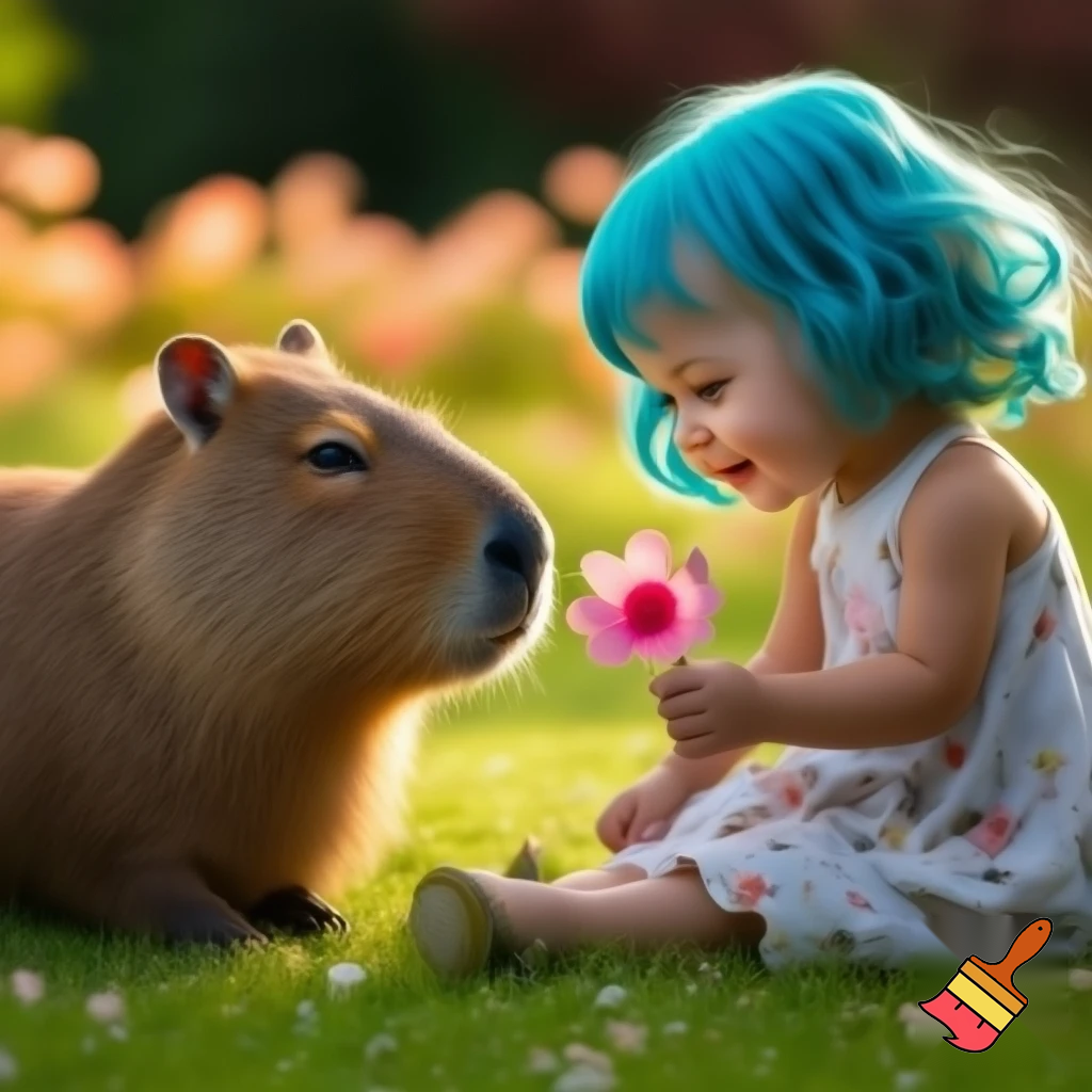 a girl in flowers with blue hair smileing holding a flower for the capybara