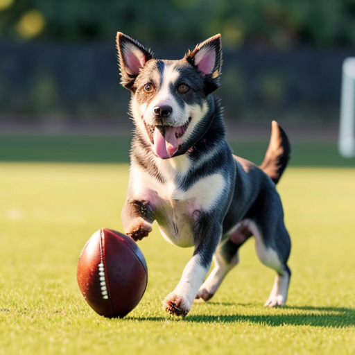 generate a picture of a cute dog playing football with other dogs