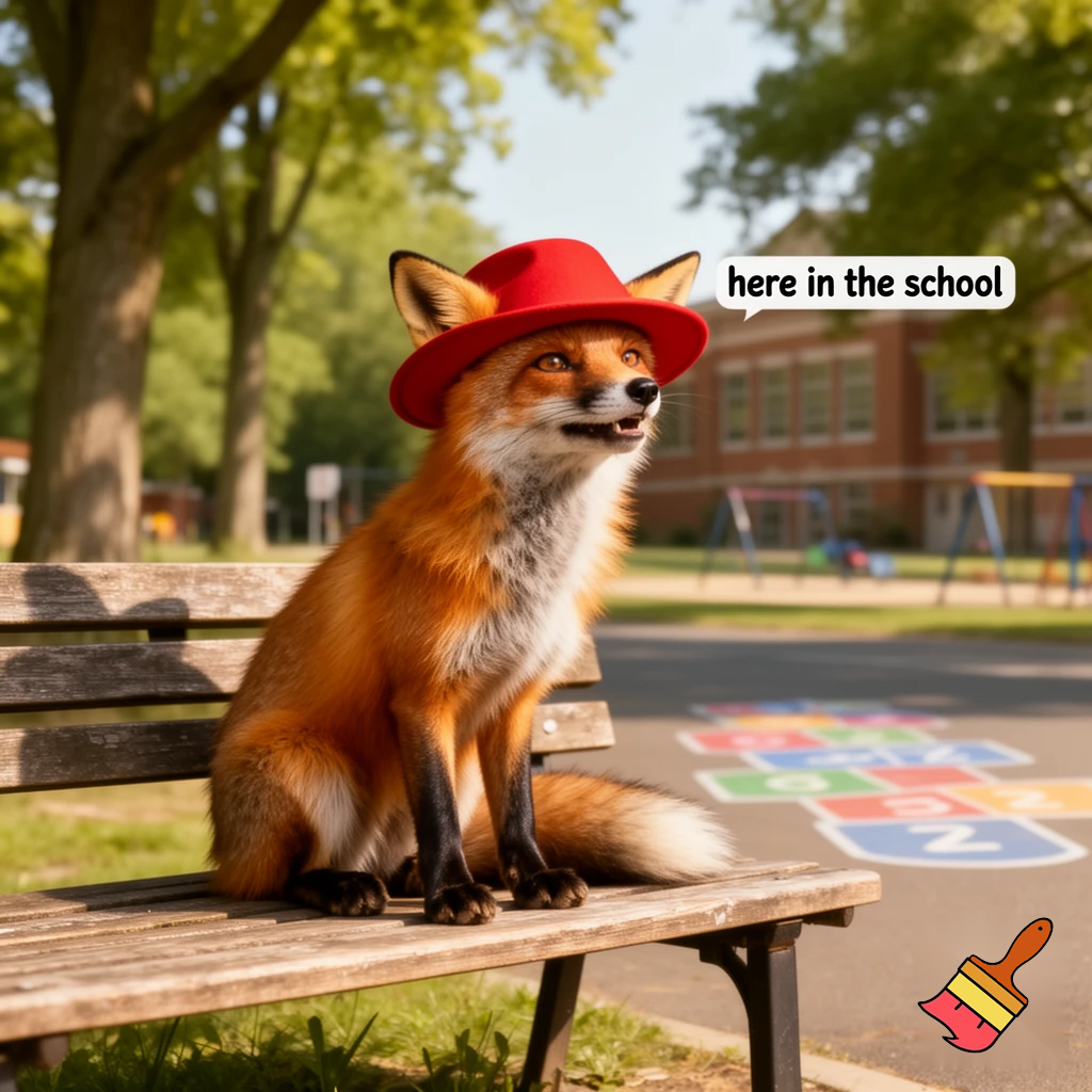 fox with a red hat says here in the school