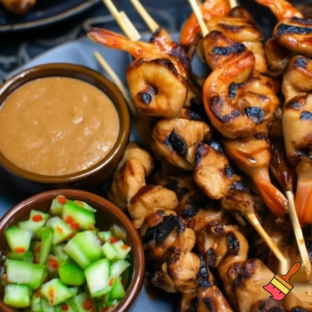 Grilled Chicken and Shrimp Satay with curried peanut sauce, chili garlic sauce, and spicy cucumber relish
