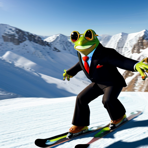 animated frog wearing a suit and tie with cool avaitor sunglasses skiing down a mountain
