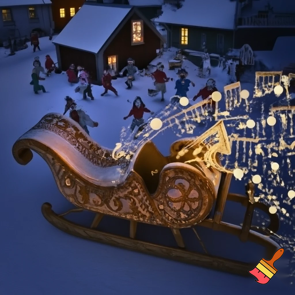 Un traineu  de noël qui vole tout  seu lance de la musique  et tout  le  monde  danse  du village