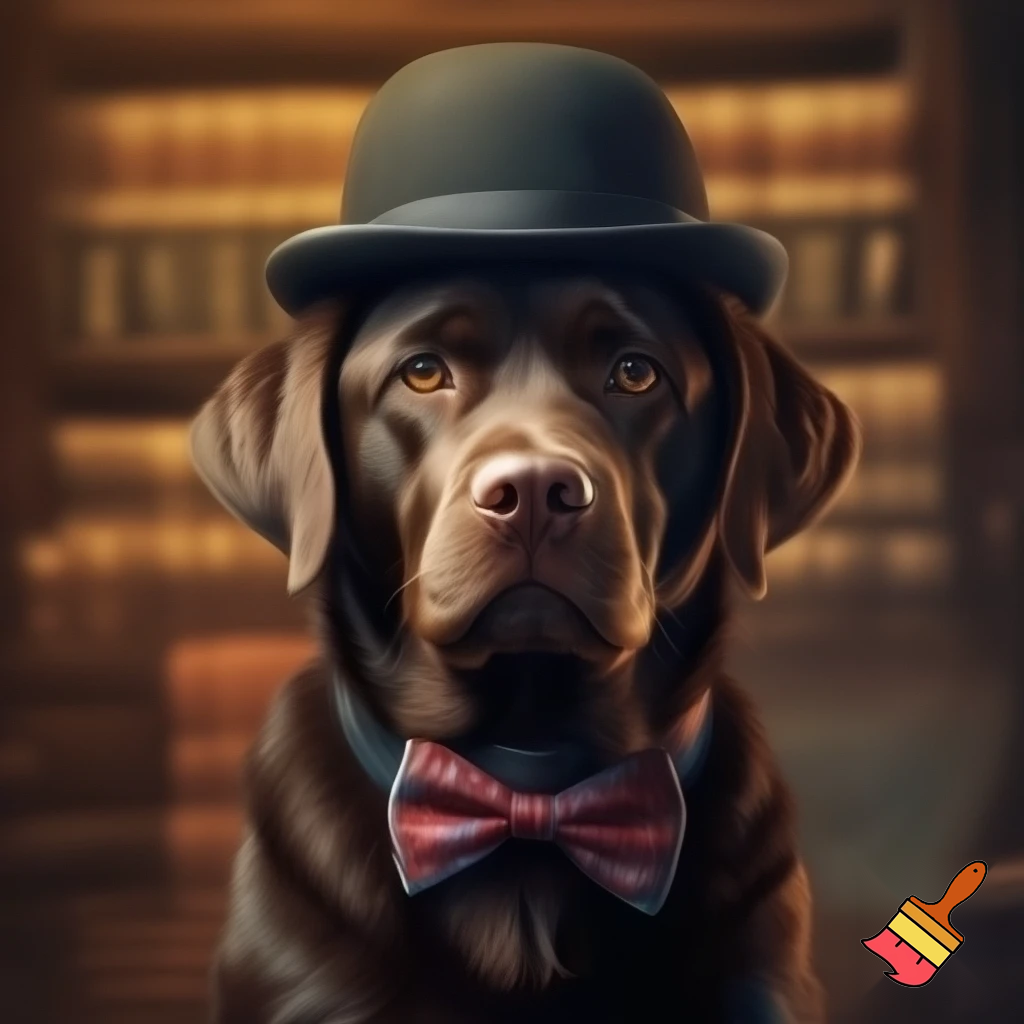 an image of a chocolate lab wearing a bowler hat with a bow tie
