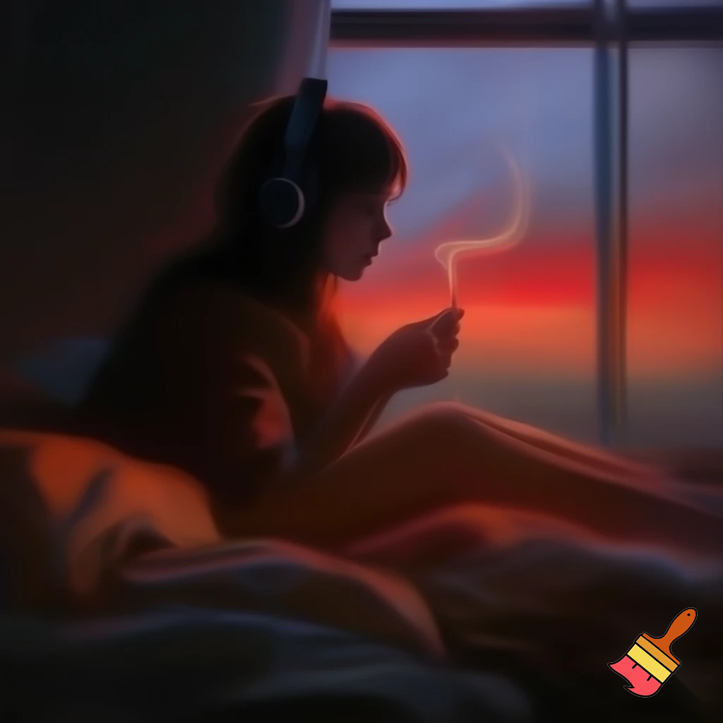 a young woman with headphones, sitting on her bed in a dimly lit room, facing the window and looking outside at the red sunset sky, her face turned toward the light of the sunset, holding a small object that gives off a faint smoke trail, warm cinematic lighting illuminating her silhouette, soft shadows, realistic atmosphere, cozy and melancholic mood, ultra-realistic detailed digital painting, depth of field, soft focus on her profile