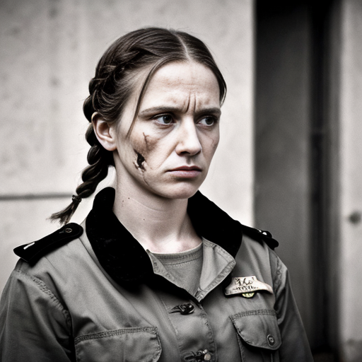 sharp grey eyes hinting at hidden depths, dark loosely braided hair framing face, subtle exhaustion etched features, calloused hands revealing frontline grit, human female, mid-twenties, Survey Corps uniform unassuming but worn, aristocratic bone structure beneath soldierly bearing, guarded posture masking intellect, traces of aristocratic lineage in posture, weary determination in expression, practical dirt-smudged boots, utilitarian gear showing wear, coiled tension in shoulders, observant gaze scanning surroundings, protective stance when near comrades, prematurely weathered skin from exposure, faded scars on knuckles, messy escapee braid