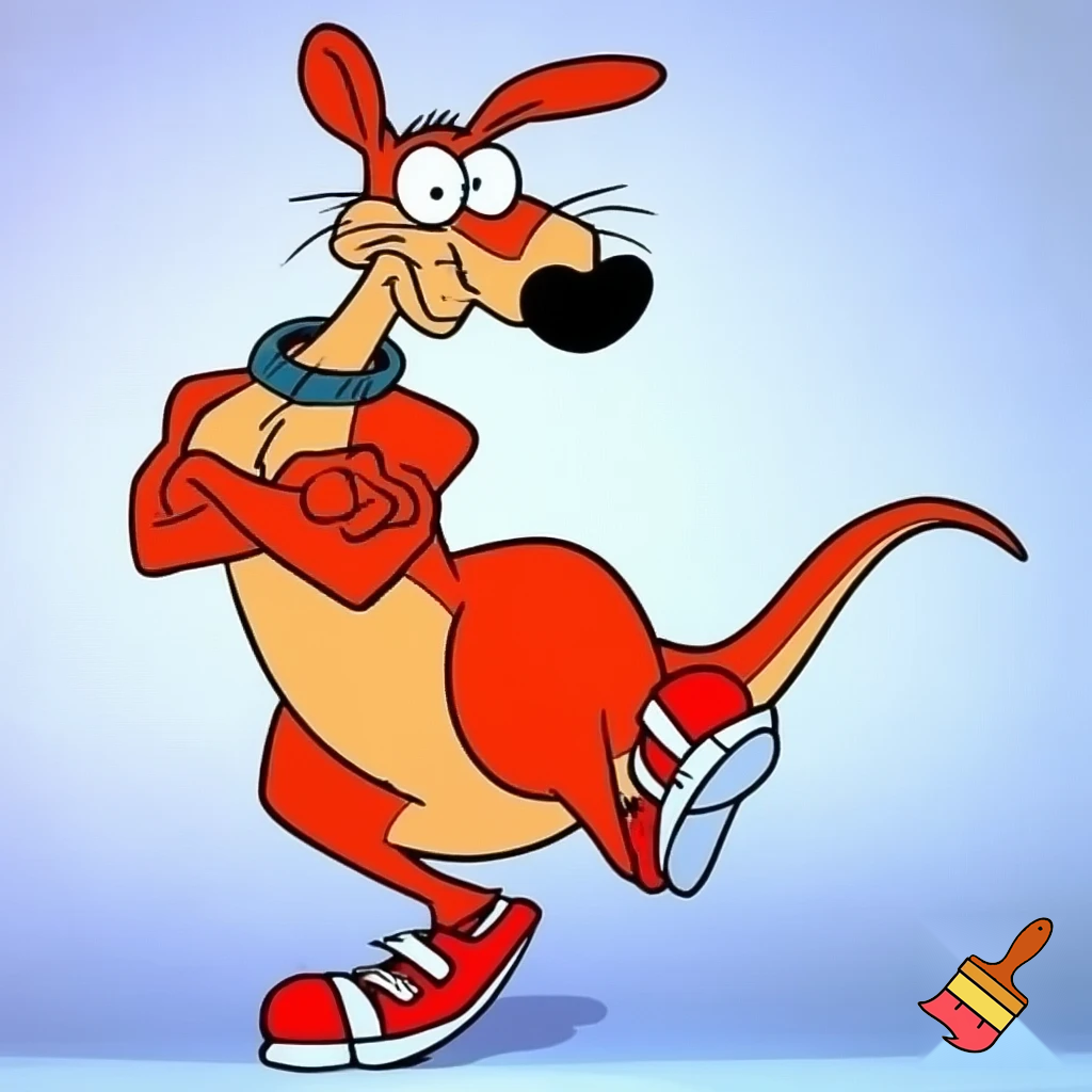 Cartoon cool red male kangaroo wearing red sneakers, standing on his tail, smiling, a dog collar, big eyes 90’s nickelodeon