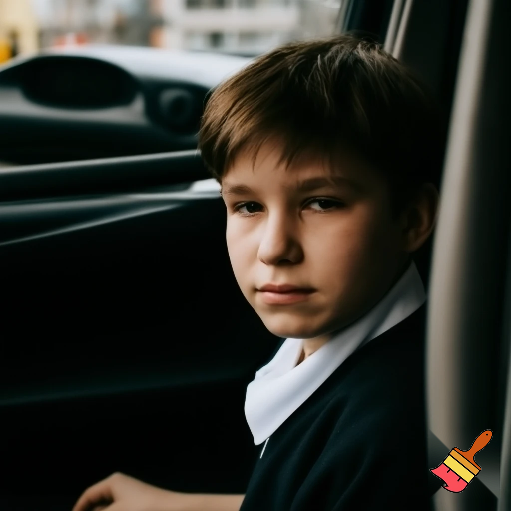 A kid that is 13 years old with brown hair in school uniform in the car