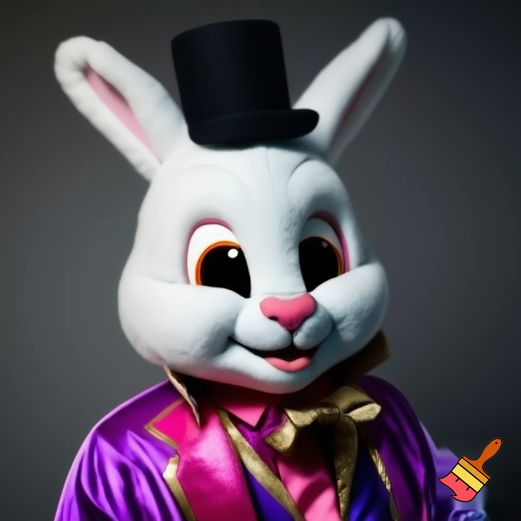 Easter bunny mascot costume top hat a colour face jacket purple and pink pink, purple and pink and gold purple and pink and gold